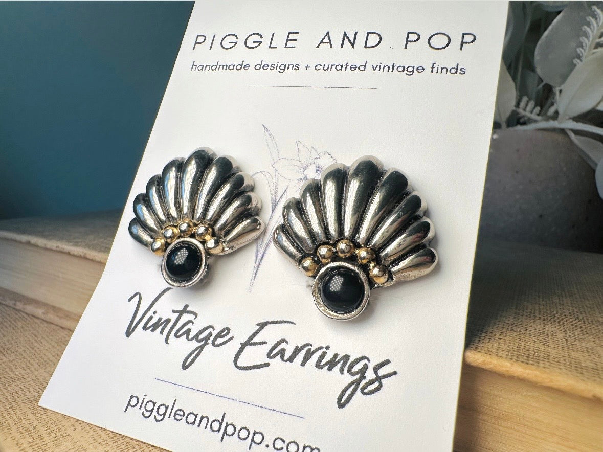 Vintage Silver Fan Earrings with Black Onyx Cabochons, Mixed Metal Art Deco Earrings, Unique Pewter and Gold Vintage Clip On Earrings