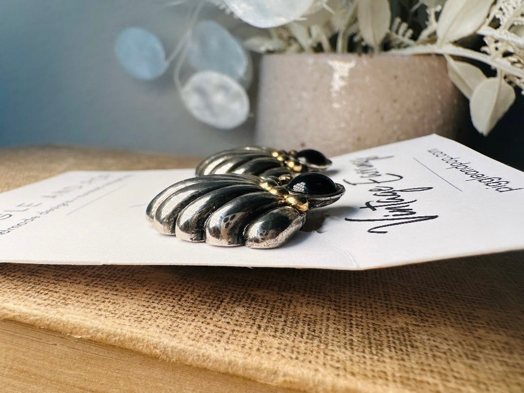Vintage Silver Fan Earrings with Black Onyx Cabochons, Mixed Metal Art Deco Earrings, Unique Pewter and Gold Vintage Clip On Earrings