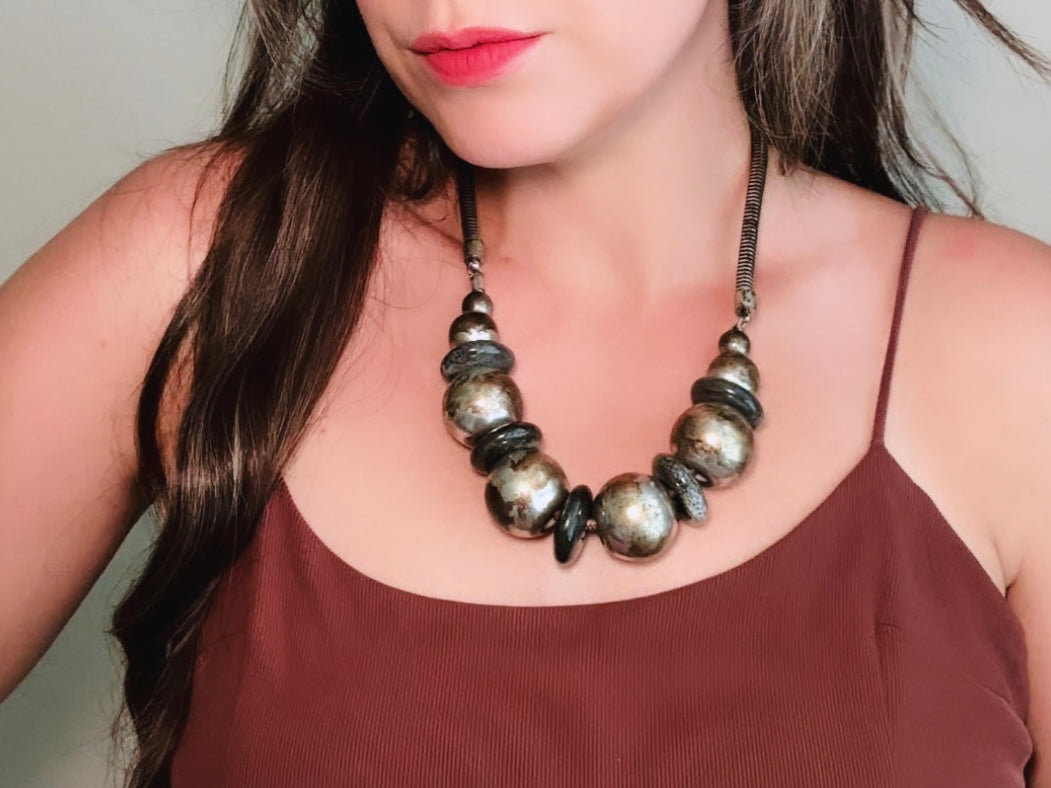 Vintage Sphere Necklace, Rustic Industrial Necklace, Black Gunmetal Pewter Silver Ball & Black Stone Necklace, Chunky Eclectic Necklace  from Piggle and Pop