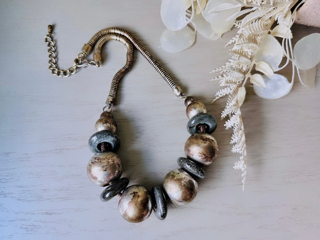 Vintage Sphere Necklace, Rustic Industrial Necklace, Black Gunmetal Pewter Silver Ball & Black Stone Necklace, Chunky Eclectic Necklace  from Piggle and Pop