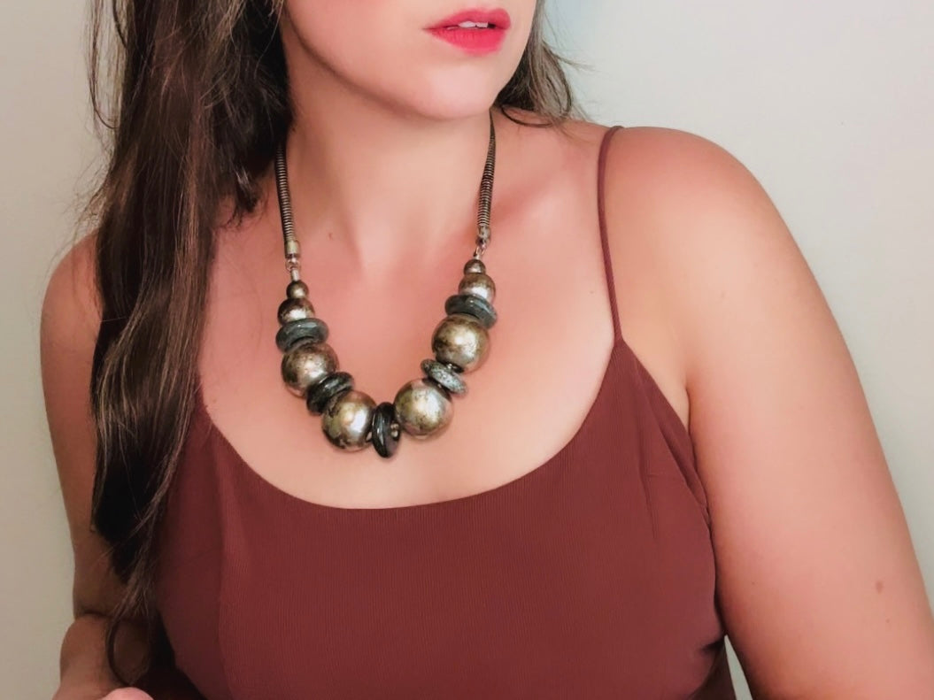 Vintage Sphere Necklace, Rustic Industrial Necklace, Black Gunmetal Pewter Silver Ball & Black Stone Necklace, Chunky Eclectic Necklace  from Piggle and Pop