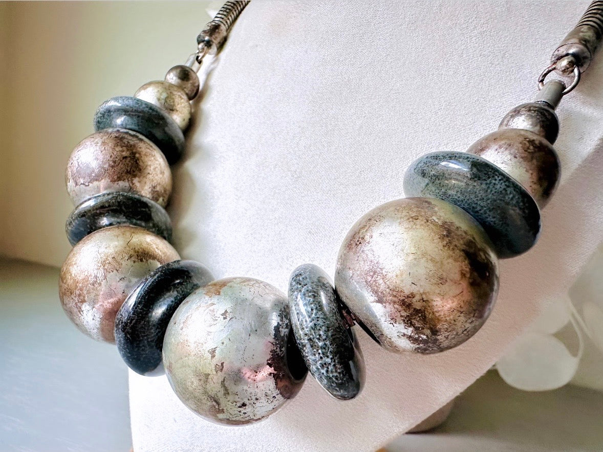 Vintage Sphere Necklace, Rustic Industrial Necklace, Black Gunmetal Pewter Silver Ball & Black Stone Necklace, Chunky Eclectic Necklace  from Piggle and Pop