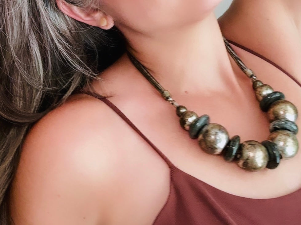 Vintage Sphere Necklace, Rustic Industrial Necklace, Black Gunmetal Pewter Silver Ball & Black Stone Necklace, Chunky Eclectic Necklace  from Piggle and Pop