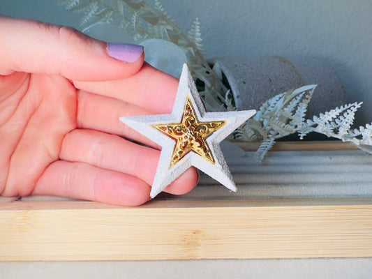 Vintage Star Brooch by Danecraft, Sparkly Celestial Pin with White Glitter Enamel and Gold Filigree Center