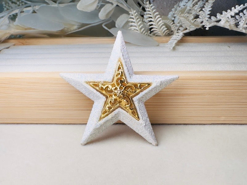 Vintage Star Brooch by Danecraft, Sparkly Celestial Pin with White Glitter Enamel and Gold Filigree Center