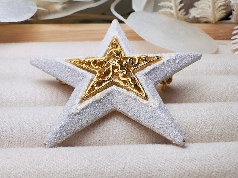 Vintage Star Brooch by Danecraft, Sparkly Celestial Pin with White Glitter Enamel and Gold Filigree Center