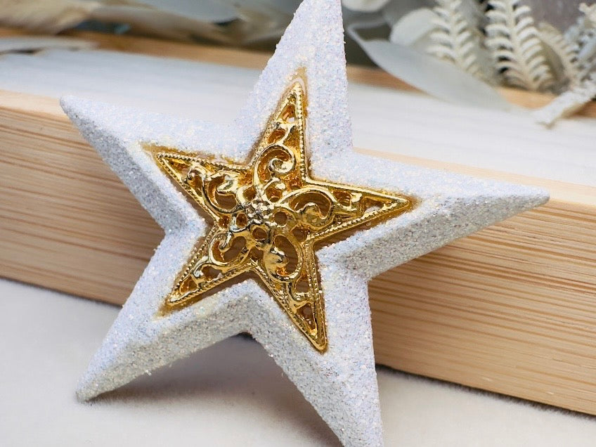 Vintage Star Brooch by Danecraft, Sparkly Celestial Pin with White Glitter Enamel and Gold Filigree Center