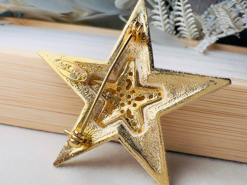 Vintage Star Brooch by Danecraft, Sparkly Celestial Pin with White Glitter Enamel and Gold Filigree Center