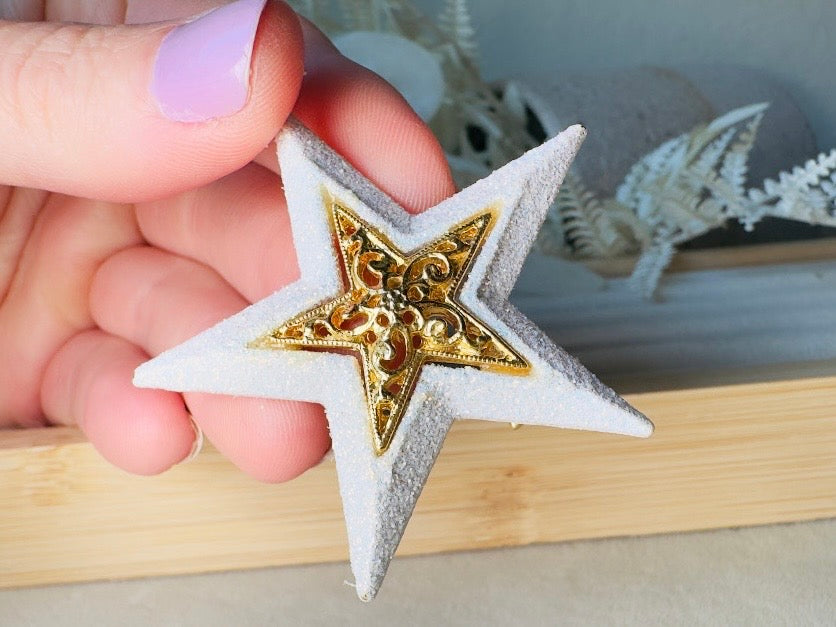 Vintage Star Brooch by Danecraft, Sparkly Celestial Pin with White Glitter Enamel and Gold Filigree Center