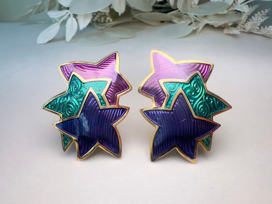 Vintage Star Earrings, Colorful 80s Signed Berebi Statement Earrings in Purple Green and Blue, Oversized Celestial Clip On Earrings