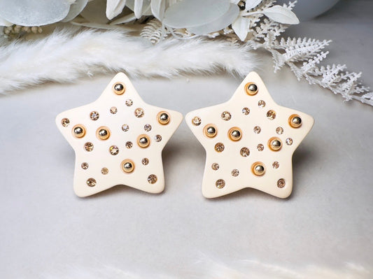 Vintage Star Earrings, Oversized Celestial Clip Ons in Cream with Topaz Crystals and Gold Pearls