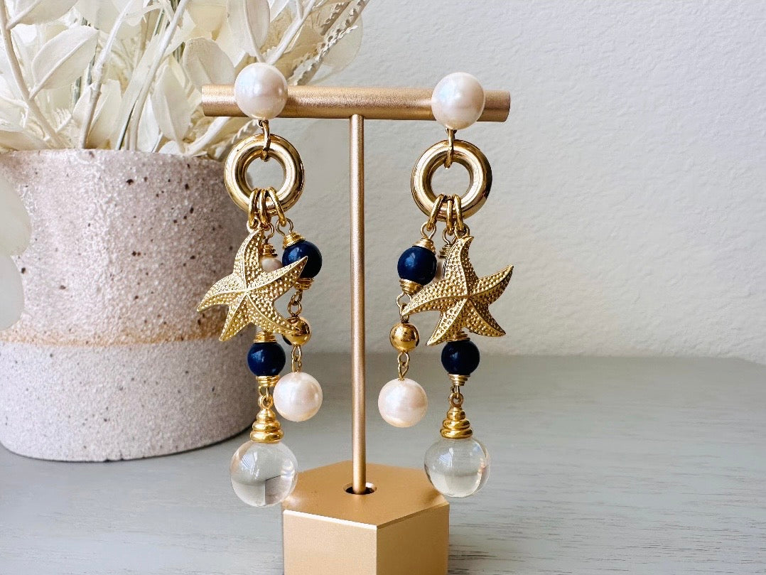 Vintage Starfish Earrings, Cascading Charm Earrings with Pools of Light Quartz Orbs, Navy and Cream Pearls