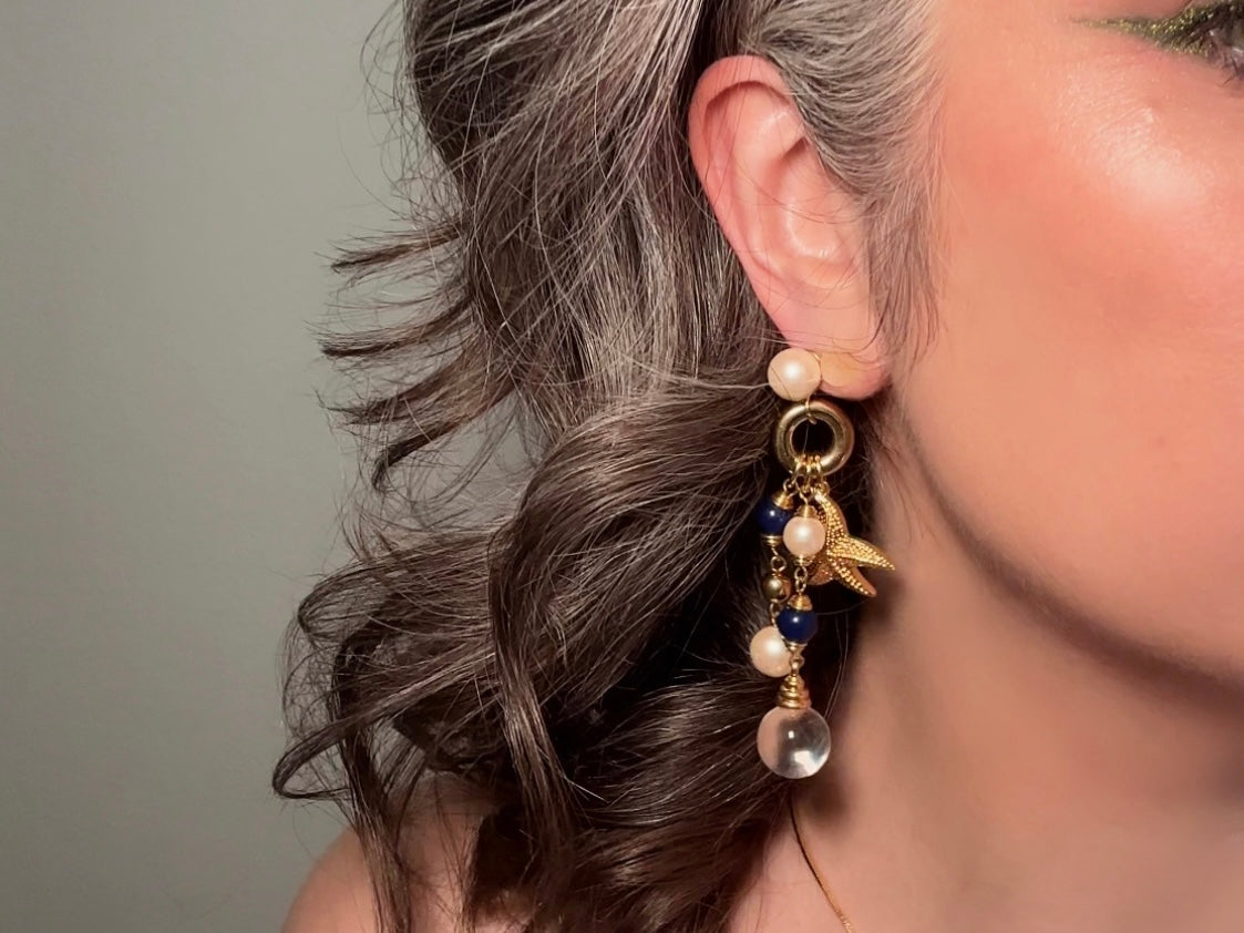 Vintage Starfish Earrings, Cascading Charm Earrings with Pools of Light Quartz Orbs, Navy and Cream Pearls modelled
