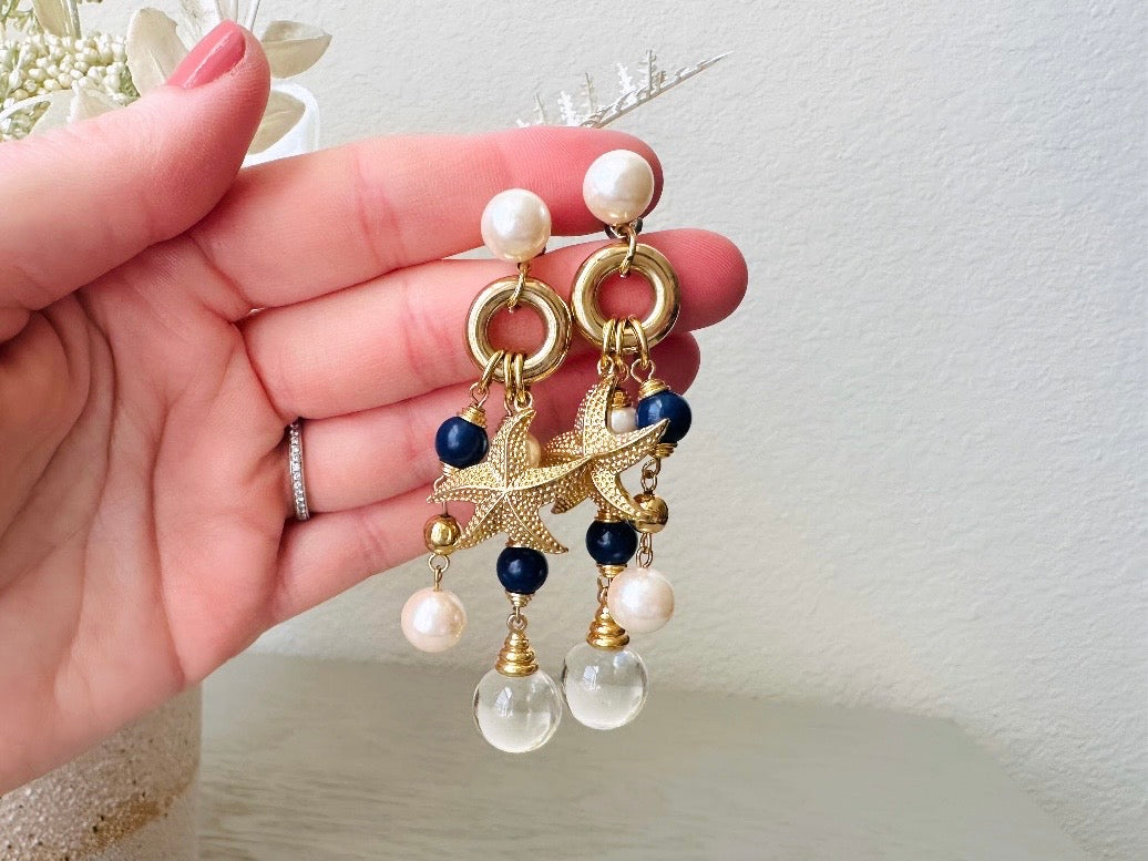 Vintage Starfish Earrings, Cascading Charm Earrings with Pools of Light Quartz Orbs, Navy and Cream Pearls held in hand