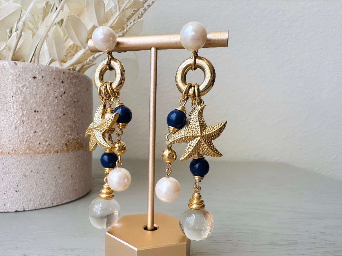 Vintage Starfish Earrings, Cascading Charm Earrings with Pools of Light Quartz Orbs, Navy and Cream Pearls on display