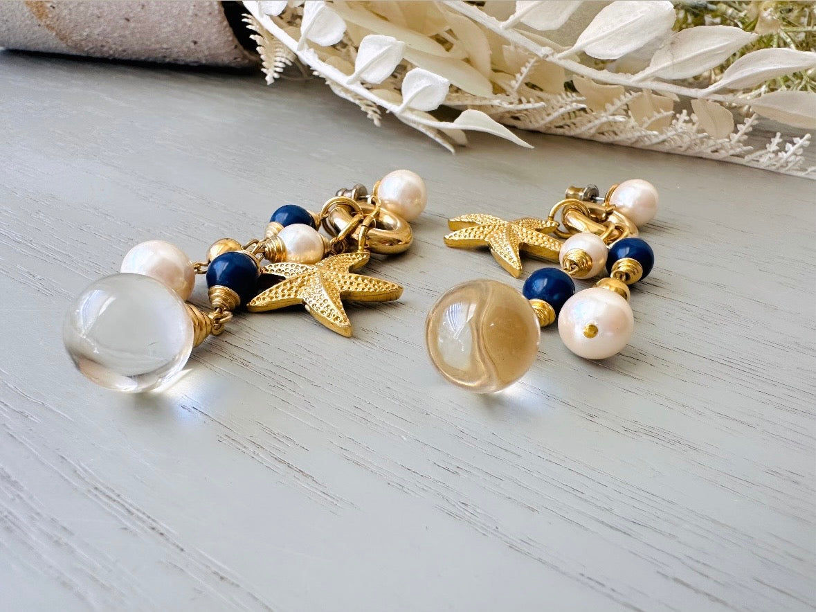 Vintage Starfish Earrings, Cascading Charm Earrings with Pools of Light Quartz Orbs, Navy and Cream Pearls bottom view