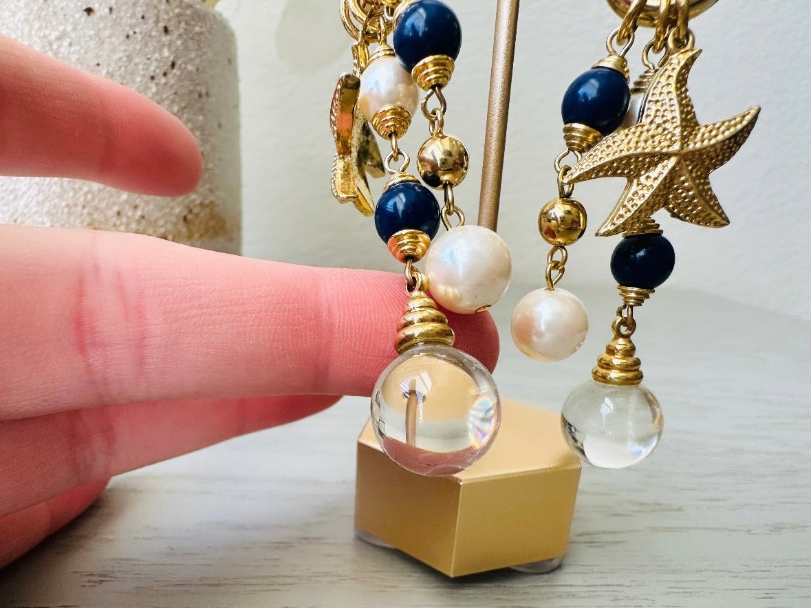 Vintage Starfish Earrings, Cascading Charm Earrings with Pools of Light Quartz Orbs, Navy and Cream Pearls details