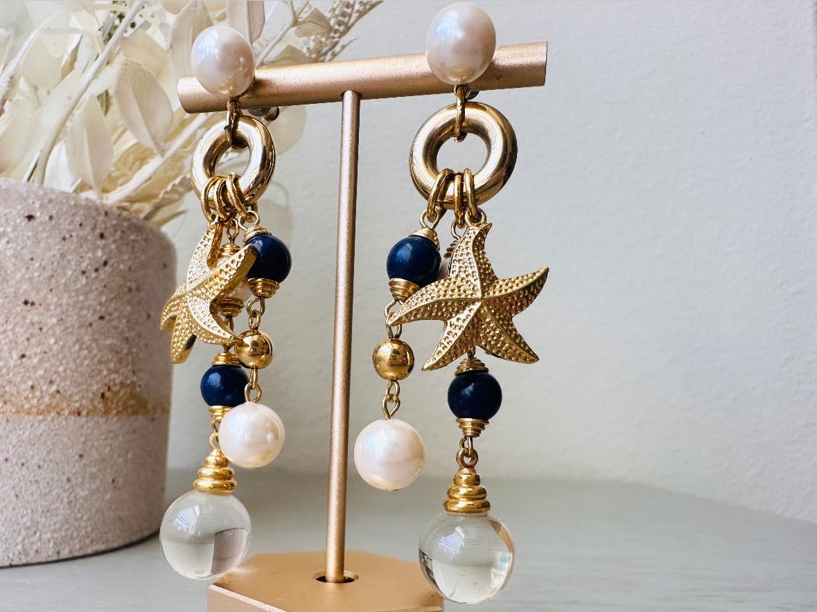 Vintage Starfish Earrings, Cascading Charm Earrings with Pools of Light Quartz Orbs, Navy and Cream Pearls close