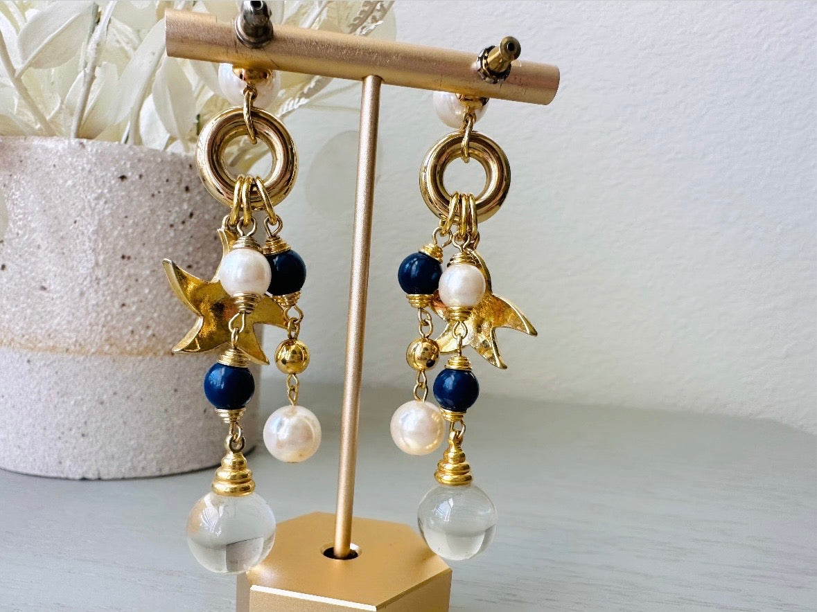 Vintage Starfish Earrings, Cascading Charm Earrings with Pools of Light Quartz Orbs, Navy and Cream Pearls back view