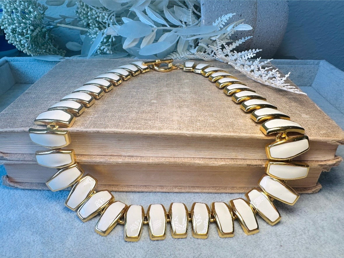 Vintage Statement Necklace, Articulated Cream Enamel and Gold Collar Necklace, Chunky 80s Vintage Panel Necklace