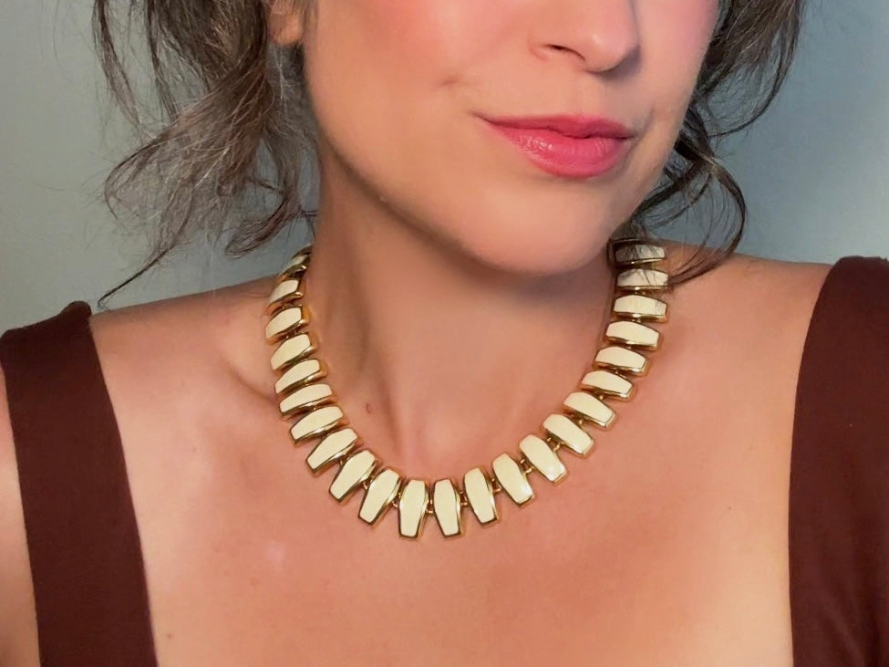 Vintage Statement Necklace, Articulated Cream Enamel and Gold Collar Necklace, Chunky 80s Vintage Panel Necklace