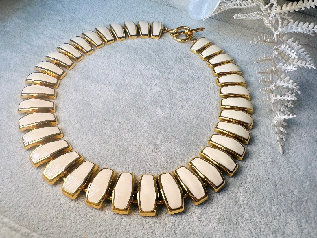 Vintage Statement Necklace, Articulated Cream Enamel and Gold Collar Necklace, Chunky 80s Vintage Panel Necklace
