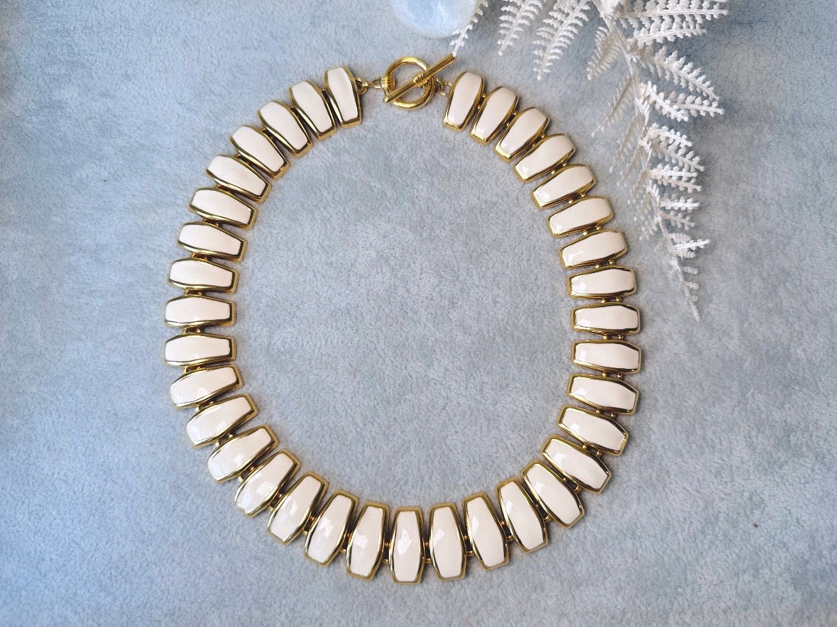 Vintage Statement Necklace, Articulated Cream Enamel and Gold Collar Necklace, Chunky 80s Vintage Panel Necklace