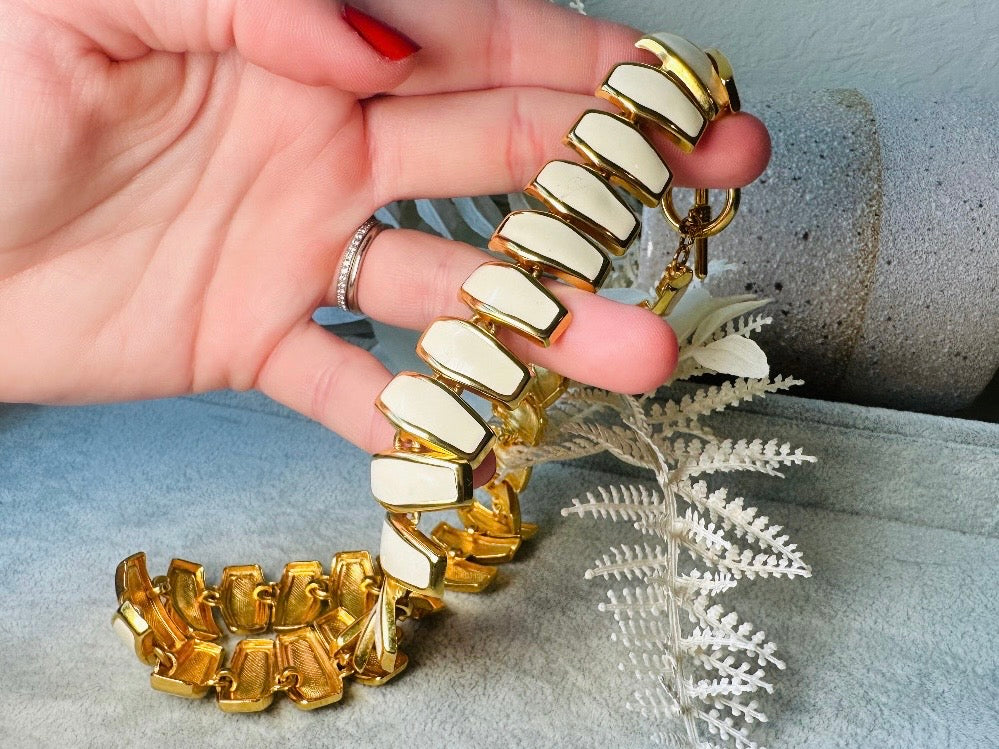 Vintage Statement Necklace, Articulated Cream Enamel and Gold Collar Necklace, Chunky 80s Vintage Panel Necklace