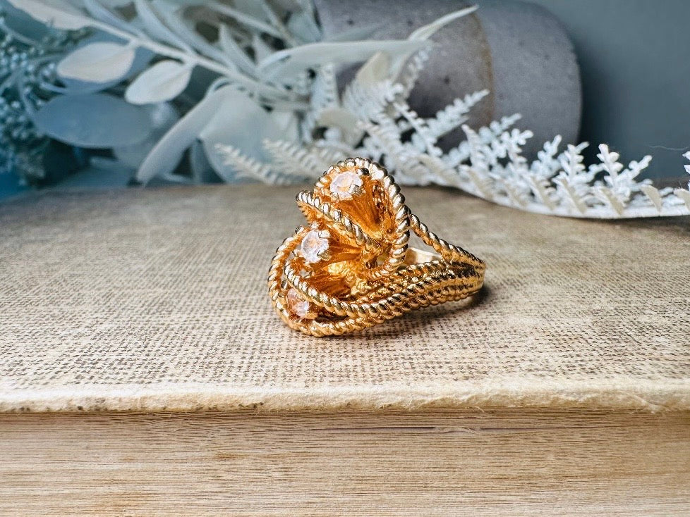 Vintage Statement Ring, Park Lane Twisted Rope Gold Ring with Swarovski Crystal Accents, Chunky Multi Stone Vintage Cocktail Ring 18K Size 6