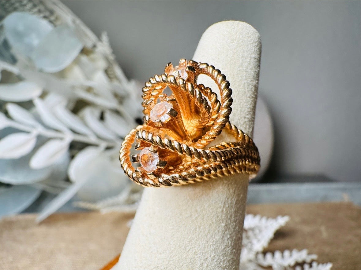Vintage Statement Ring, Park Lane Twisted Rope Gold Ring with Swarovski Crystal Accents, Chunky Multi Stone Vintage Cocktail Ring 18K Size 6