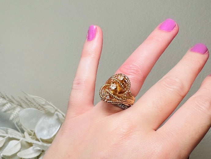 Vintage Statement Ring, Park Lane Twisted Rope Gold Ring with Swarovski Crystal Accents, Chunky Multi Stone Vintage Cocktail Ring 18K Size 6