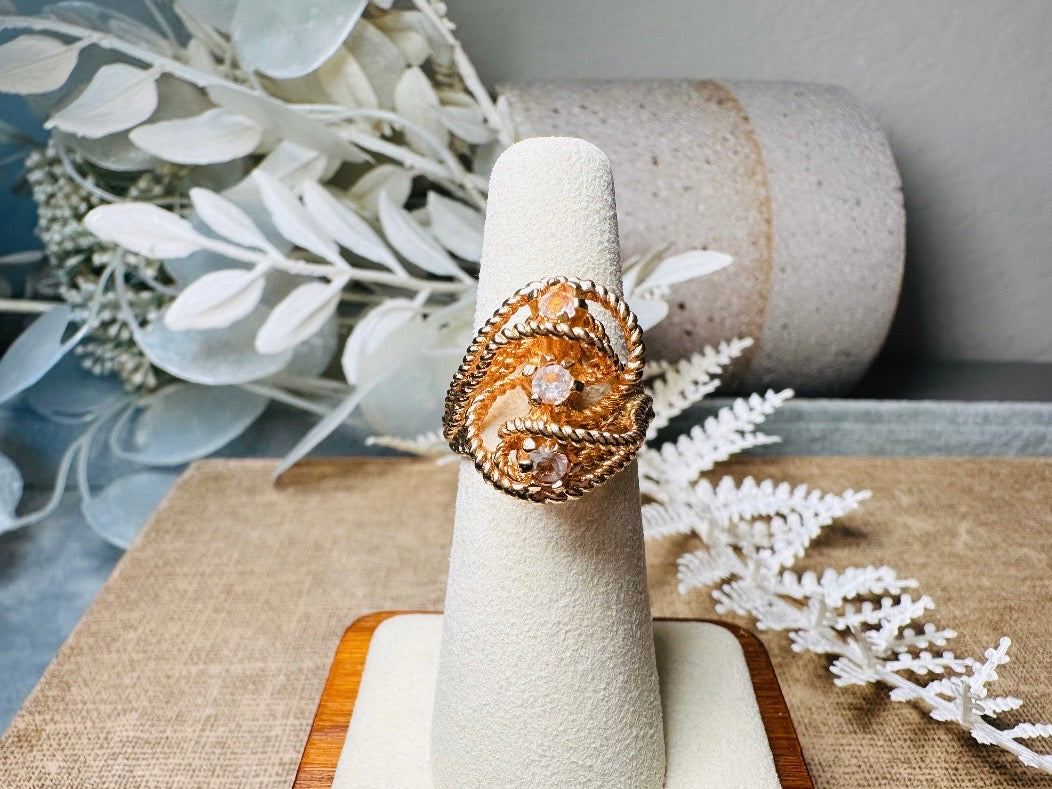 Vintage Statement Ring, Park Lane Twisted Rope Gold Ring with Swarovski Crystal Accents, Chunky Multi Stone Vintage Cocktail Ring 18K Size 6
