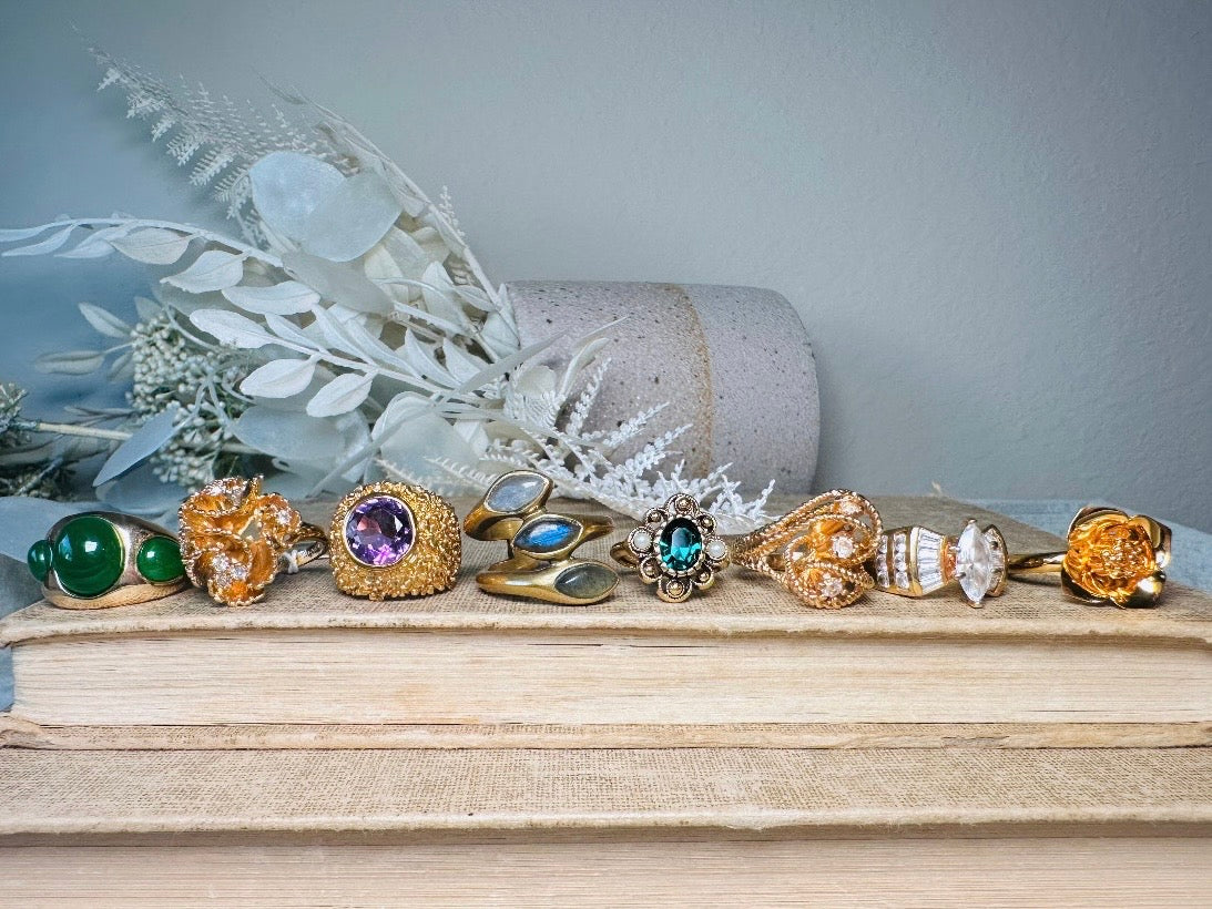 Vintage Statement Ring, Park Lane Twisted Rope Gold Ring with Swarovski Crystal Accents, Chunky Multi Stone Vintage Cocktail Ring 18K Size 6