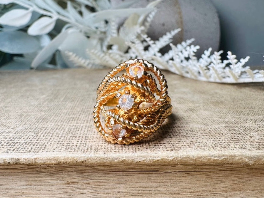 Vintage Statement Ring, Park Lane Twisted Rope Gold Ring with Swarovski Crystal Accents, Chunky Multi Stone Vintage Cocktail Ring 18K Size 6