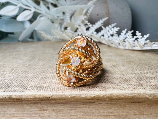 Vintage Statement Ring, Park Lane Twisted Rope Gold Ring with Swarovski Crystal Accents, Chunky Multi Stone Vintage Cocktail Ring 18K Size 6