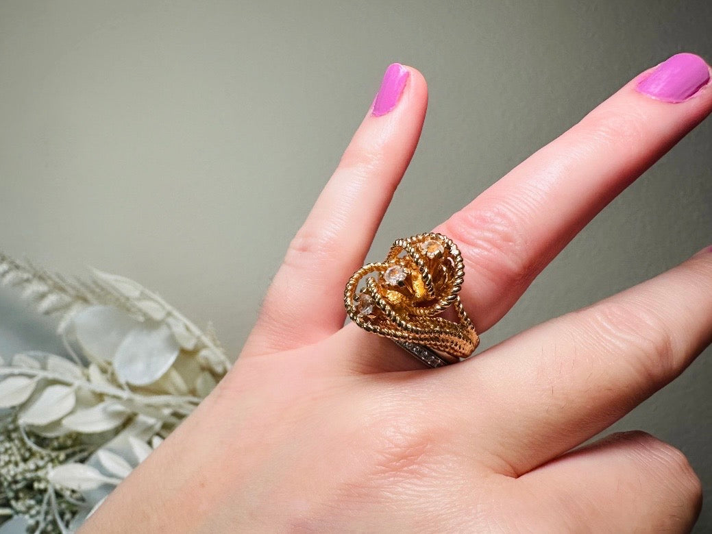 Vintage Statement Ring, Park Lane Twisted Rope Gold Ring with Swarovski Crystal Accents, Chunky Multi Stone Vintage Cocktail Ring 18K Size 6