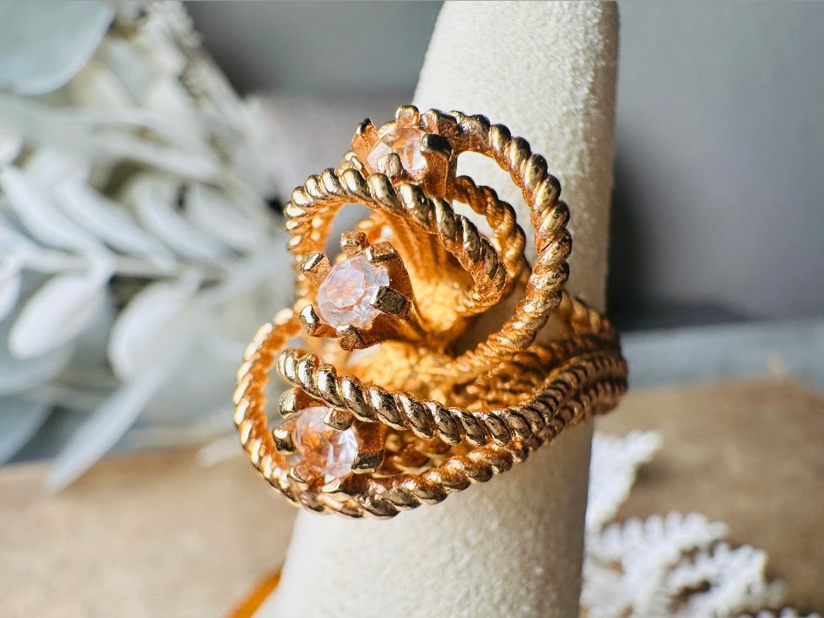 Vintage Statement Ring, Park Lane Twisted Rope Gold Ring with Swarovski Crystal Accents, Chunky Multi Stone Vintage Cocktail Ring 18K Size 6