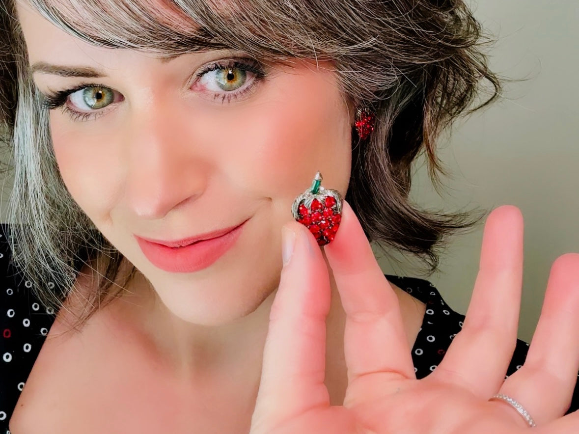 Vintage Strawberry Rhinestone Earrings, Red Crystal Clip On Strawberry Earrings, Nonpierced Fruit Earrings, Pave Set Unique Vintage Earrings from Piggle and Pop