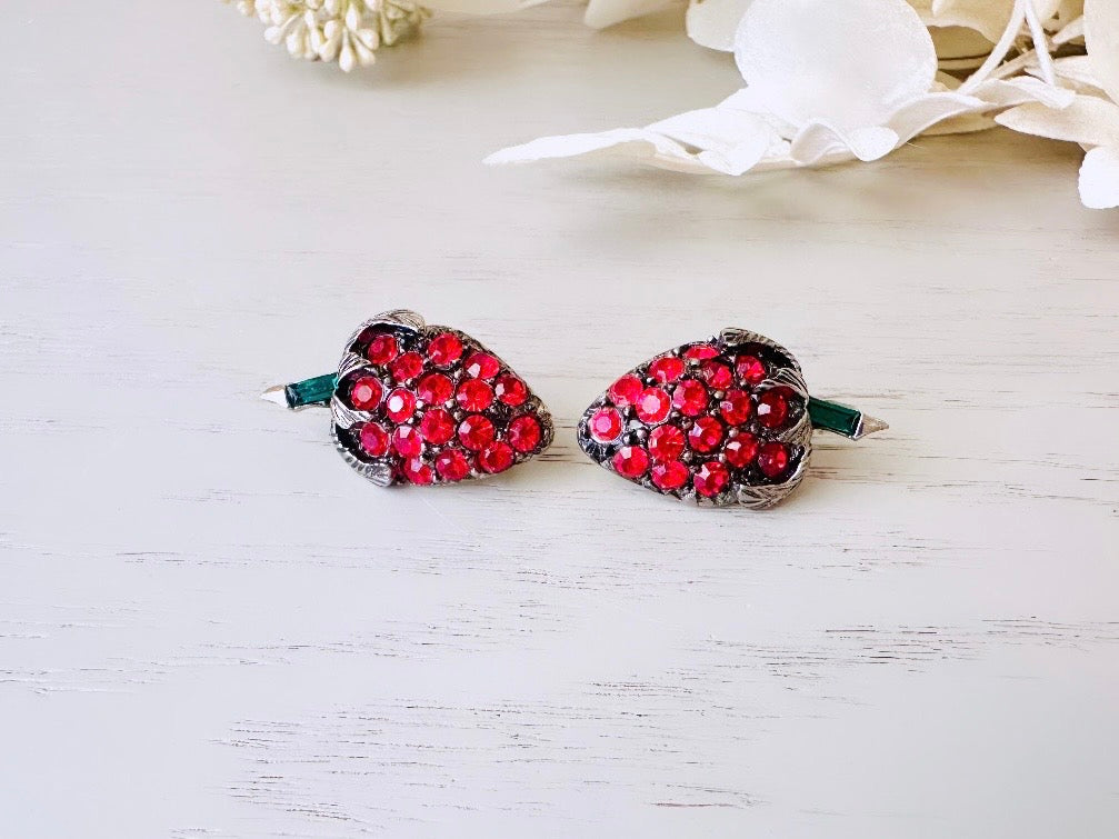 Vintage Strawberry Rhinestone Earrings, Red Crystal Clip On Strawberry Earrings, Nonpierced Fruit Earrings, Pave Set Unique Vintage Earrings from Piggle and Pop