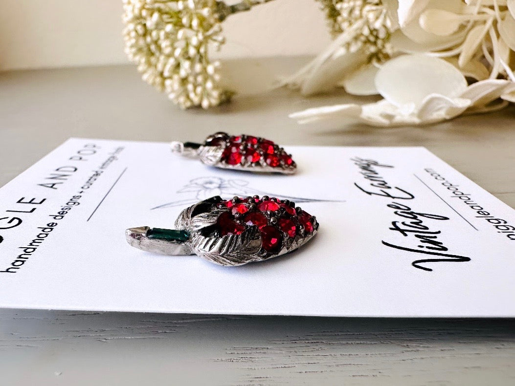 Vintage Strawberry Rhinestone Earrings, Red Crystal Clip On Strawberry Earrings, Nonpierced Fruit Earrings, Pave Set Unique Vintage Earrings from Piggle and Pop