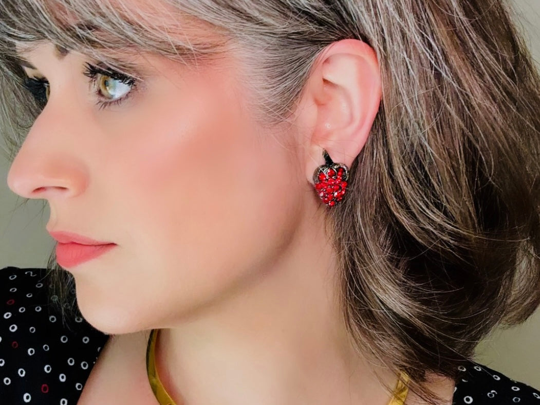 Vintage Strawberry Rhinestone Earrings, Red Crystal Clip On Strawberry Earrings, Nonpierced Fruit Earrings, Pave Set Unique Vintage Earrings from Piggle and Pop