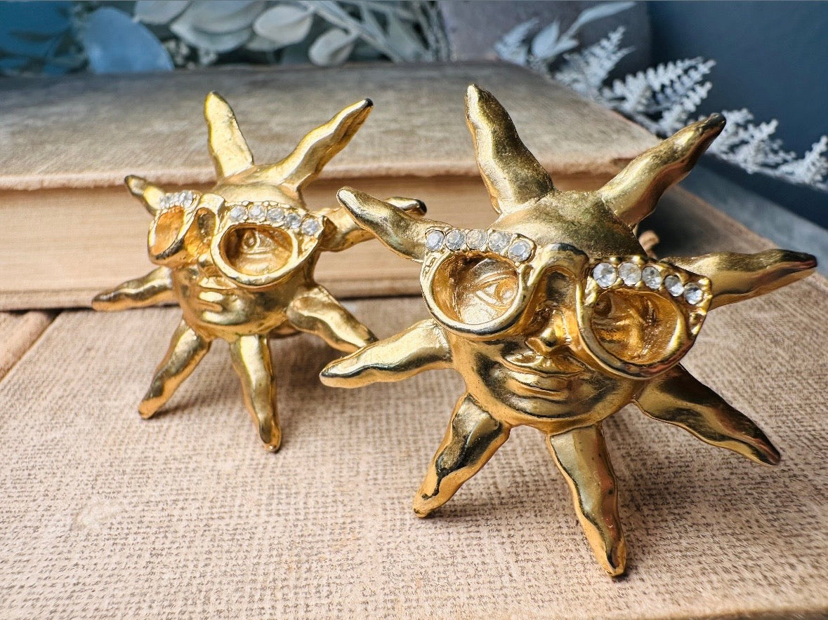 Vintage Sun Earrings, Oversized Matte Gold 90s Celestial Earrings with Rhinestone Glasses, Clip On Statement Earrings