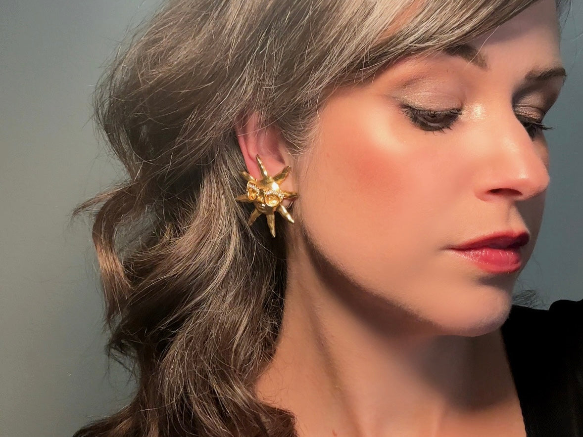 Vintage Sun Earrings, Oversized Matte Gold 90s Celestial Earrings with Rhinestone Glasses, Clip On Statement Earrings
