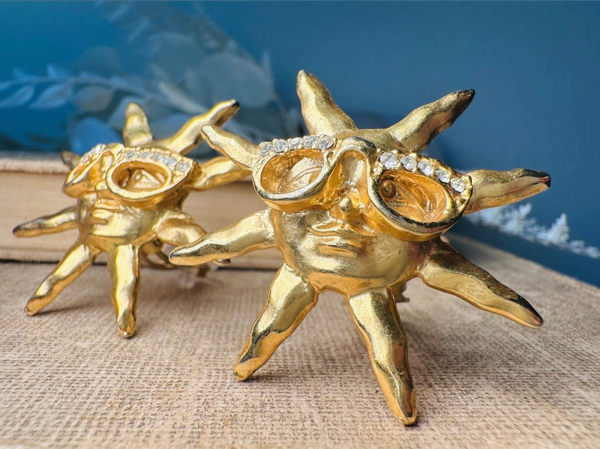 Vintage Sun Earrings, Oversized Matte Gold 90s Celestial Earrings with Rhinestone Glasses, Clip On Statement Earrings