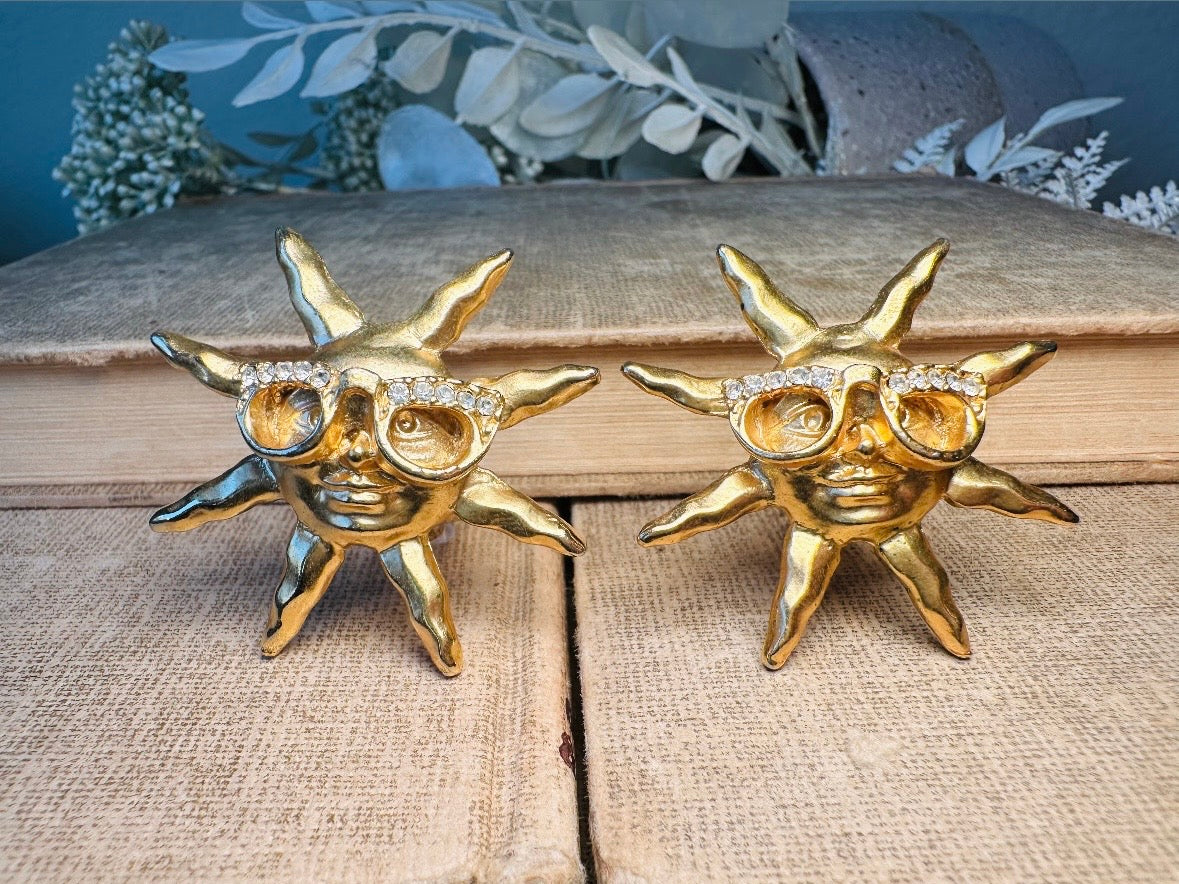 Vintage Sun Earrings, Oversized Matte Gold 90s Celestial Earrings with Rhinestone Glasses, Clip On Statement Earrings