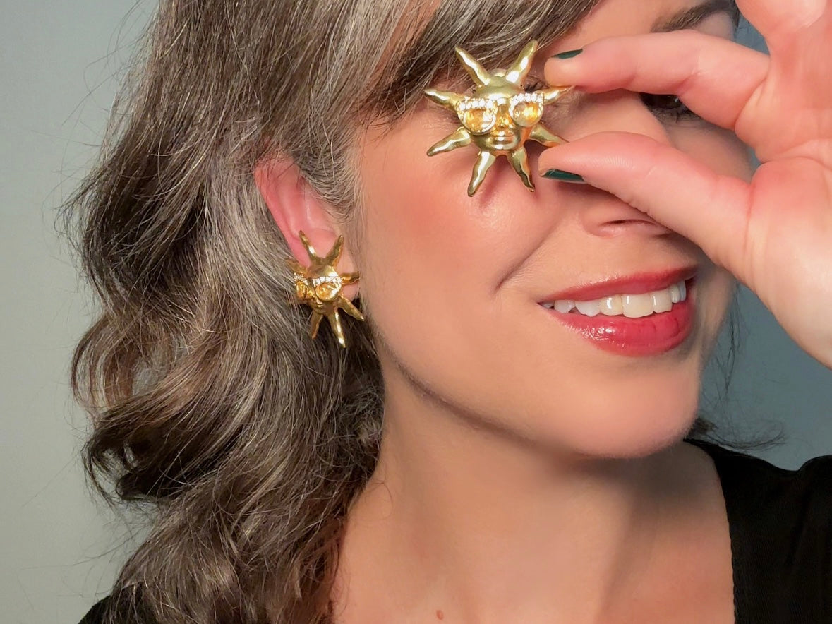 Vintage Sun Earrings, Oversized Matte Gold 90s Celestial Earrings with Rhinestone Glasses, Clip On Statement Earrings