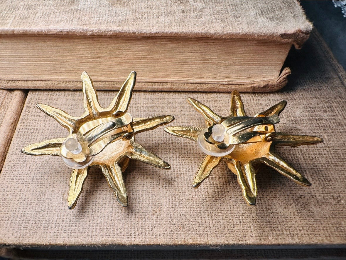 Vintage Sun Earrings, Oversized Matte Gold 90s Celestial Earrings with Rhinestone Glasses, Clip On Statement Earrings