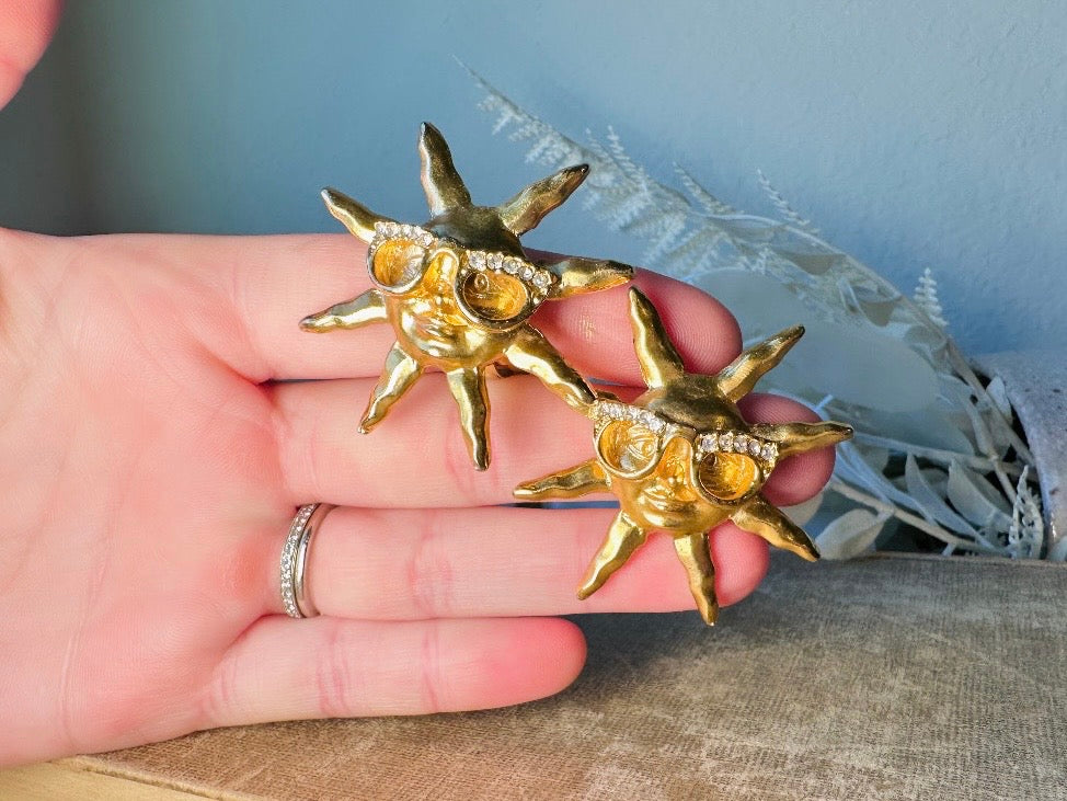 Vintage Sun Earrings, Oversized Matte Gold 90s Celestial Earrings with Rhinestone Glasses, Clip On Statement Earrings