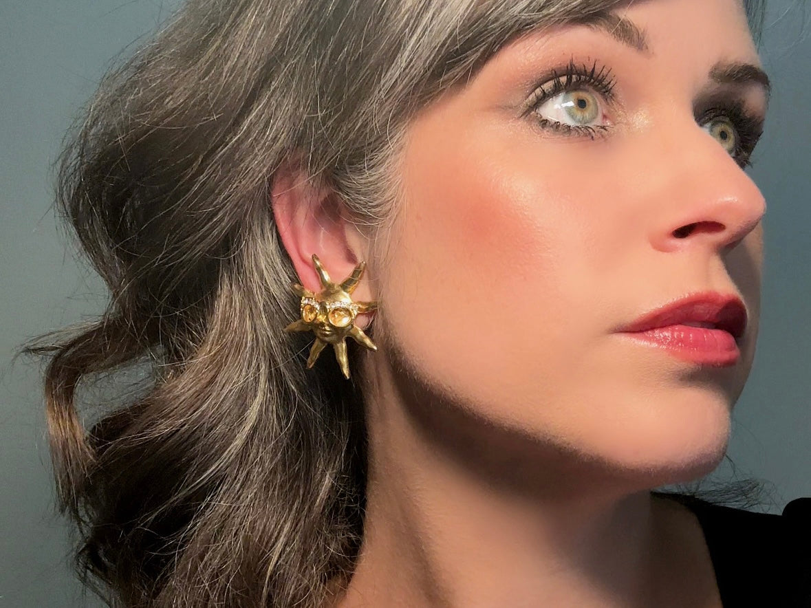 Vintage Sun Earrings, Oversized Matte Gold 90s Celestial Earrings with Rhinestone Glasses, Clip On Statement Earrings