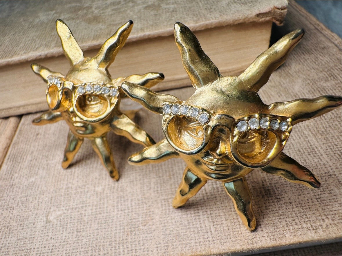 Vintage Sun Earrings, Oversized Matte Gold 90s Celestial Earrings with Rhinestone Glasses, Clip On Statement Earrings